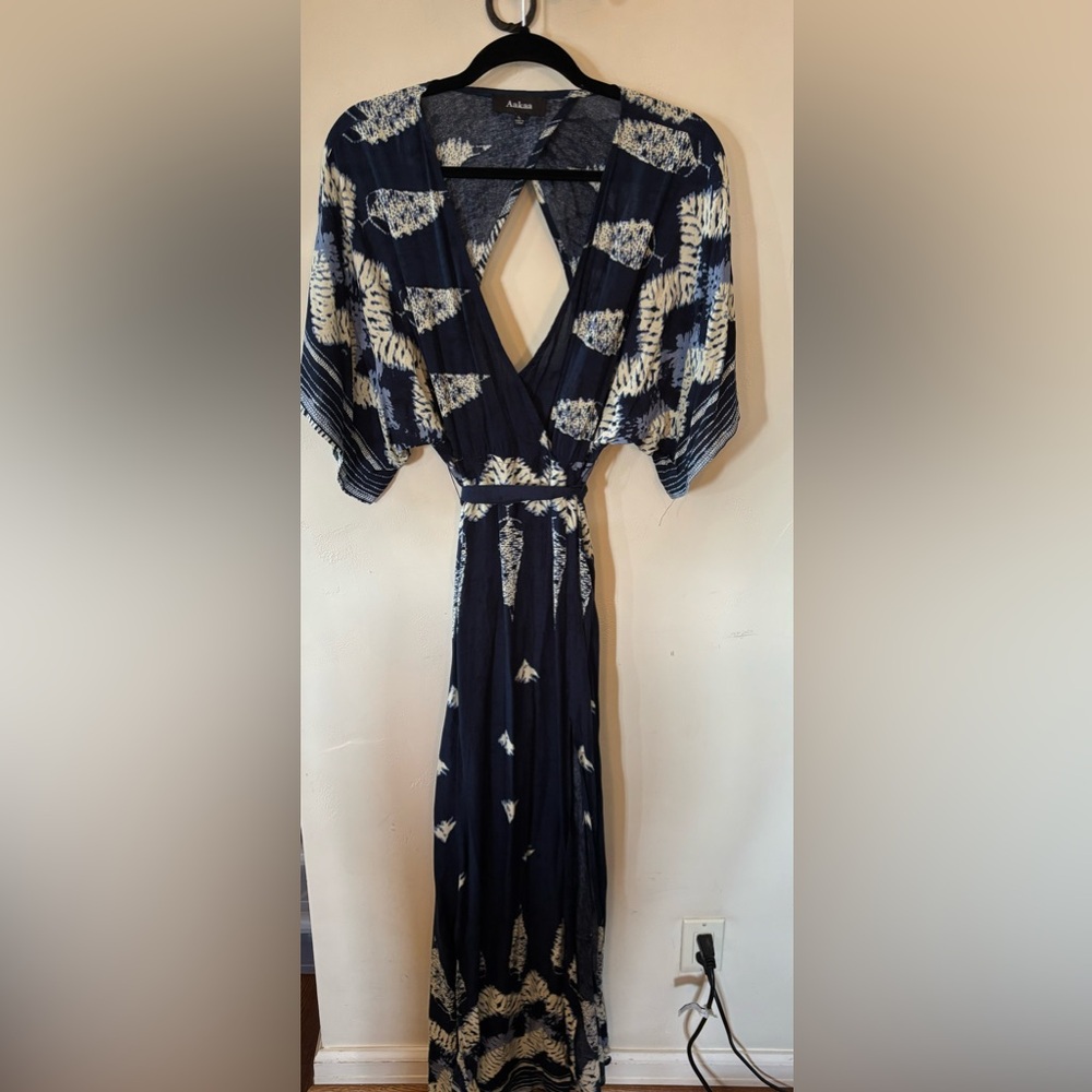 Aakaa Blue and White Resort Sundress with Plunge Neckline